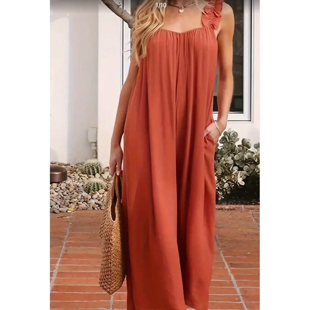 ✌️ 2/$40 ✌️ Solid Wide Leg Jumpsuit Ruffle Trim Backless Sleeveless Dark Orange